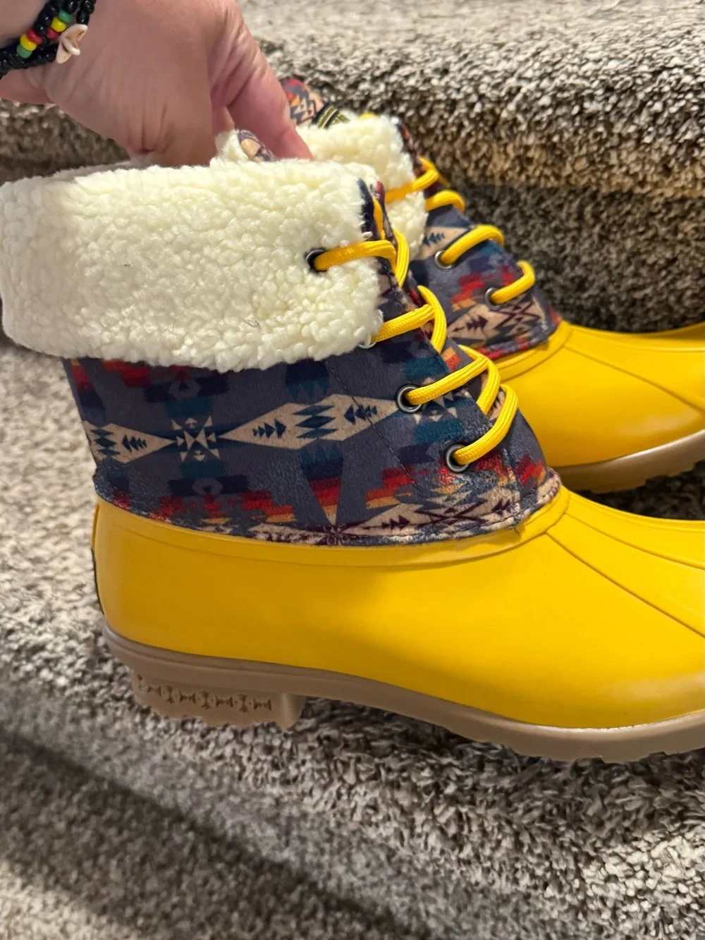 Pendleton Cream Shearling Lined Boot with Yellow and blue Accents